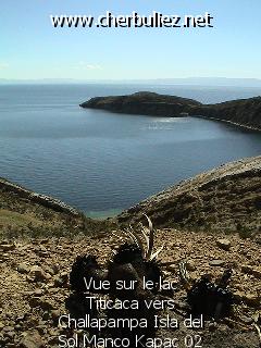 légende: Vue sur le lac Titicaca vers Challapampa Isla del Sol Manco Kapac 02
qualityCode=raw
sizeCode=half

Données de l'image originale:
Taille originale: 154973 bytes
Temps d'exposition: 1/425 s
Diaph: f/400/100
Heure de prise de vue: 2003:06:28 11:19:42
Flash: non
Focale: 42/10 mm
